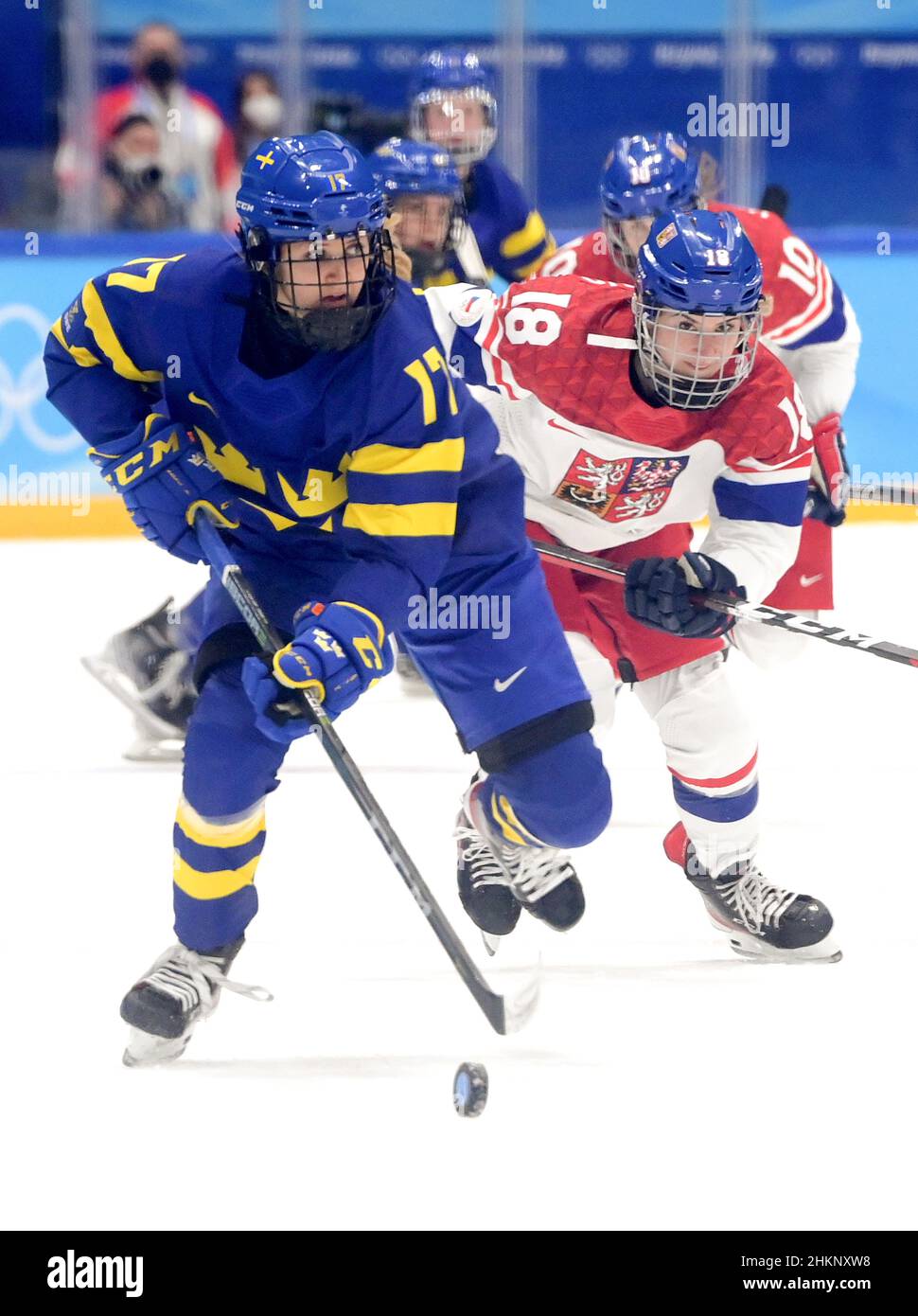 Beijing, China. 5th Feb, 2022. Sofie Lundin (L) of Sweden competes during the women's ice hockey preliminary round Group B match between the Czech Republic and Sweden at the National Indoor Stadium in Beijing, China, Feb. 5, 2022. Credit: Li An/Xinhua/Alamy Live News Stock Photo