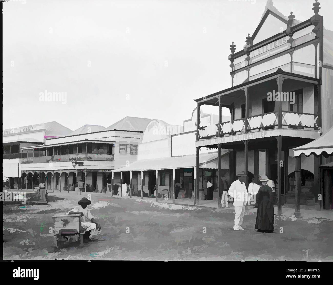 Art inspired by Suva, Fiji, Burton Brothers studio, photography studio, 1884, New Zealand, gelatin dry plate process, A populated Suva street lined with businesses. Two of these were established in 1882, just two years before Burton took this photograph. The shops reflect the needs of a, Classic works modernized by Artotop with a splash of modernity. Shapes, color and value, eye-catching visual impact on art. Emotions through freedom of artworks in a contemporary way. A timeless message pursuing a wildly creative new direction. Artists turning to the digital medium and creating the Artotop NFT Stock Photo