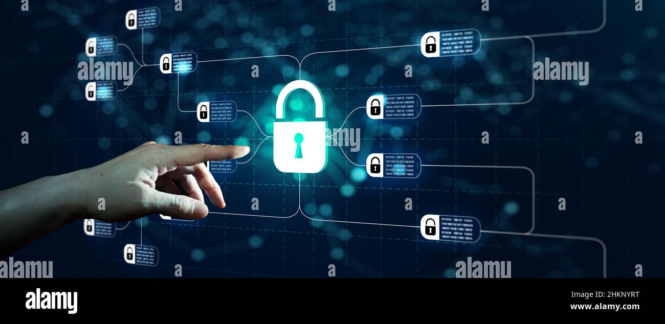 Businessman hand on Modern technology and digital layer effect as business strategy. Blockchain technology with diagram of chain and encrypted blocks Stock Photo