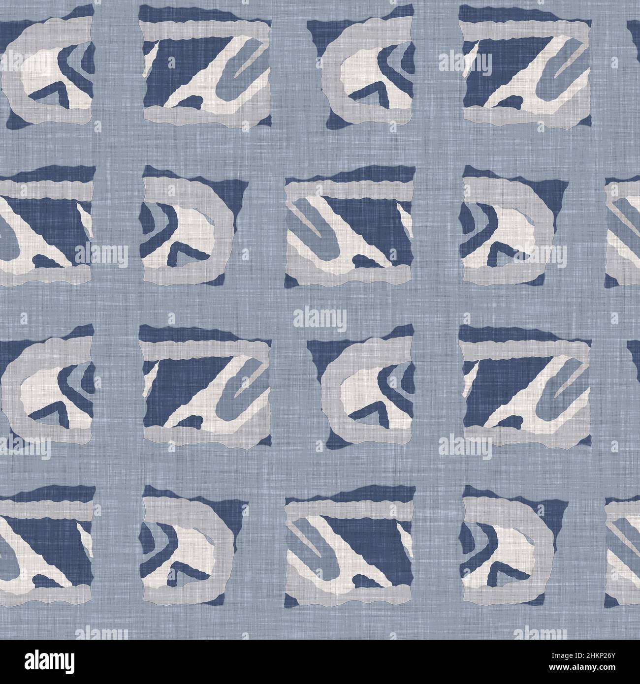 French blue doodle motif linen seamless pattern. Tonal country cottage ...
