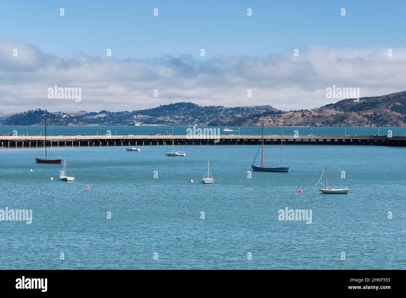 Boats moored inside of the aquatic park cove located in the san francisco Maritime National historic park in the fishermans wharf area of san francisc Stock Photo