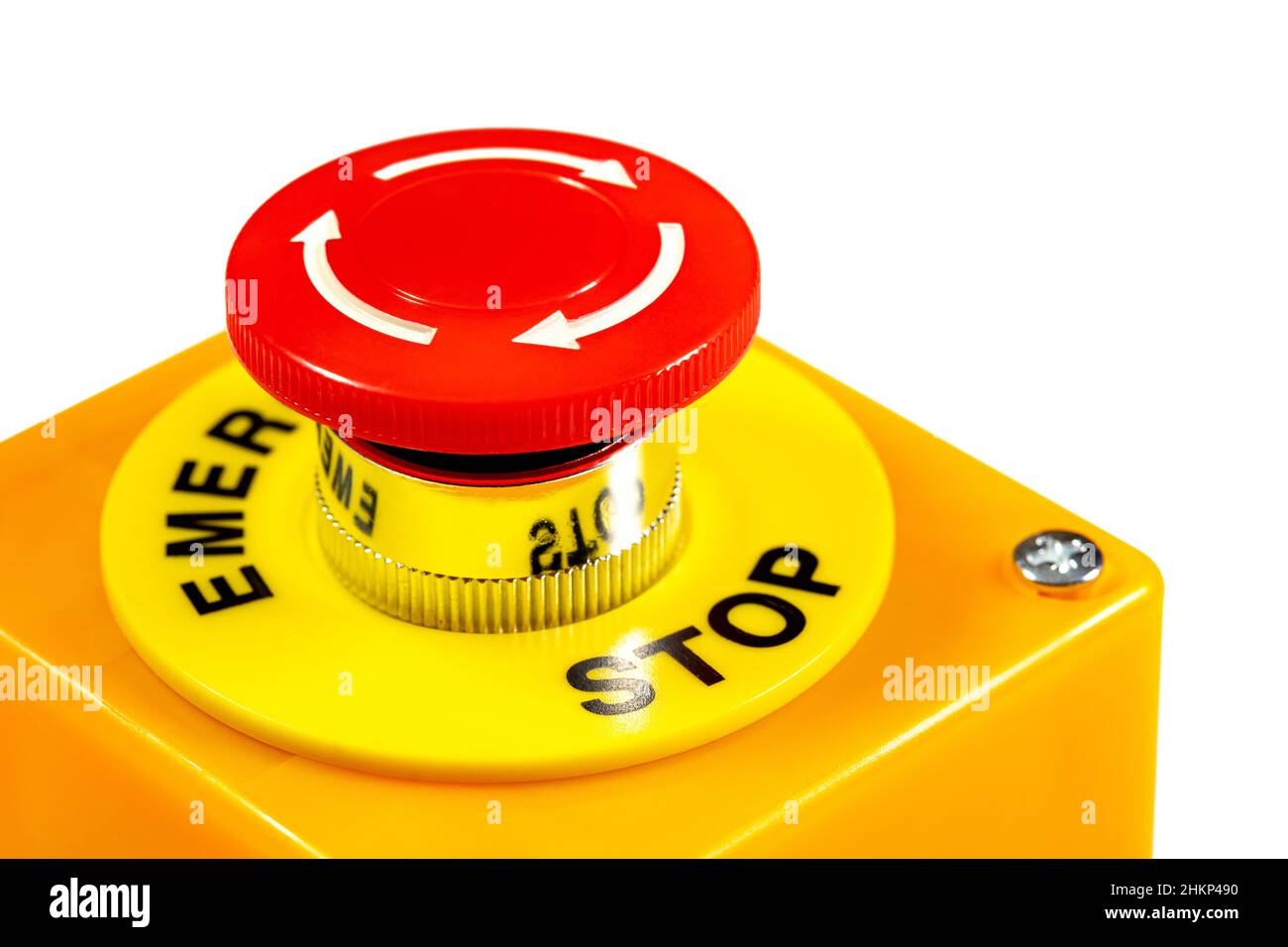 Red emergency stop safety push button, industrial machine rotation