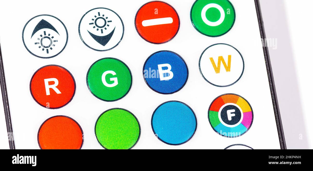 RGB Red green blue smart home lighting control remote control buttons object extreme closeup