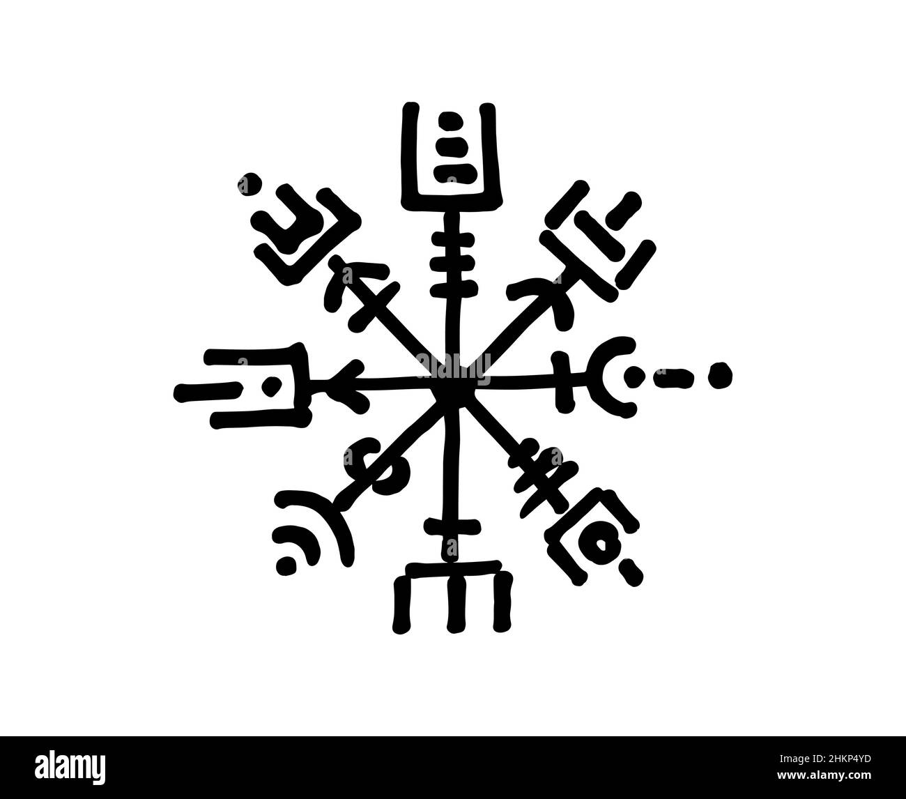Vegvisir runic compass black pencil drawing style, Hand drawing of Viking symbols, Sacred Norse, tattoo logo, grunge runic magic symbols, vector Stock Vector