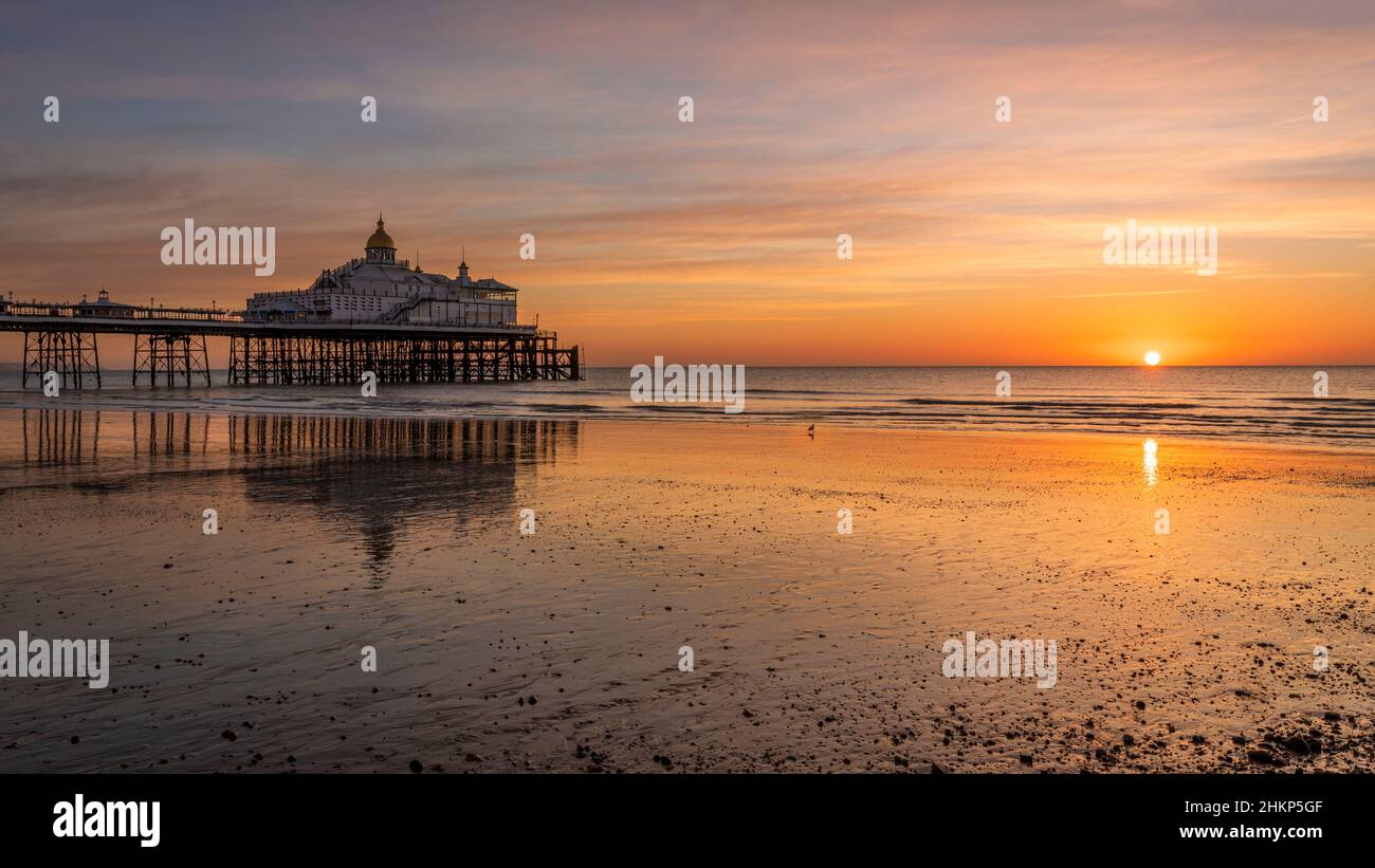 February sunrise at low tide Eastbourne Pier East Sussex south east England Stock Photo