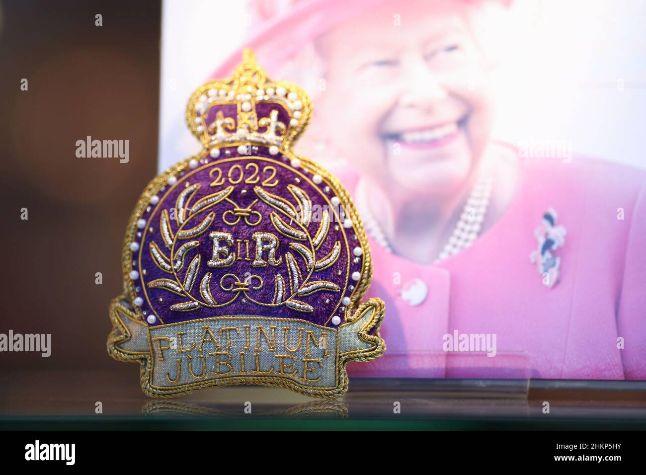 Memorabilia is seen in a shop to commemorate the Platinum Jubilee as