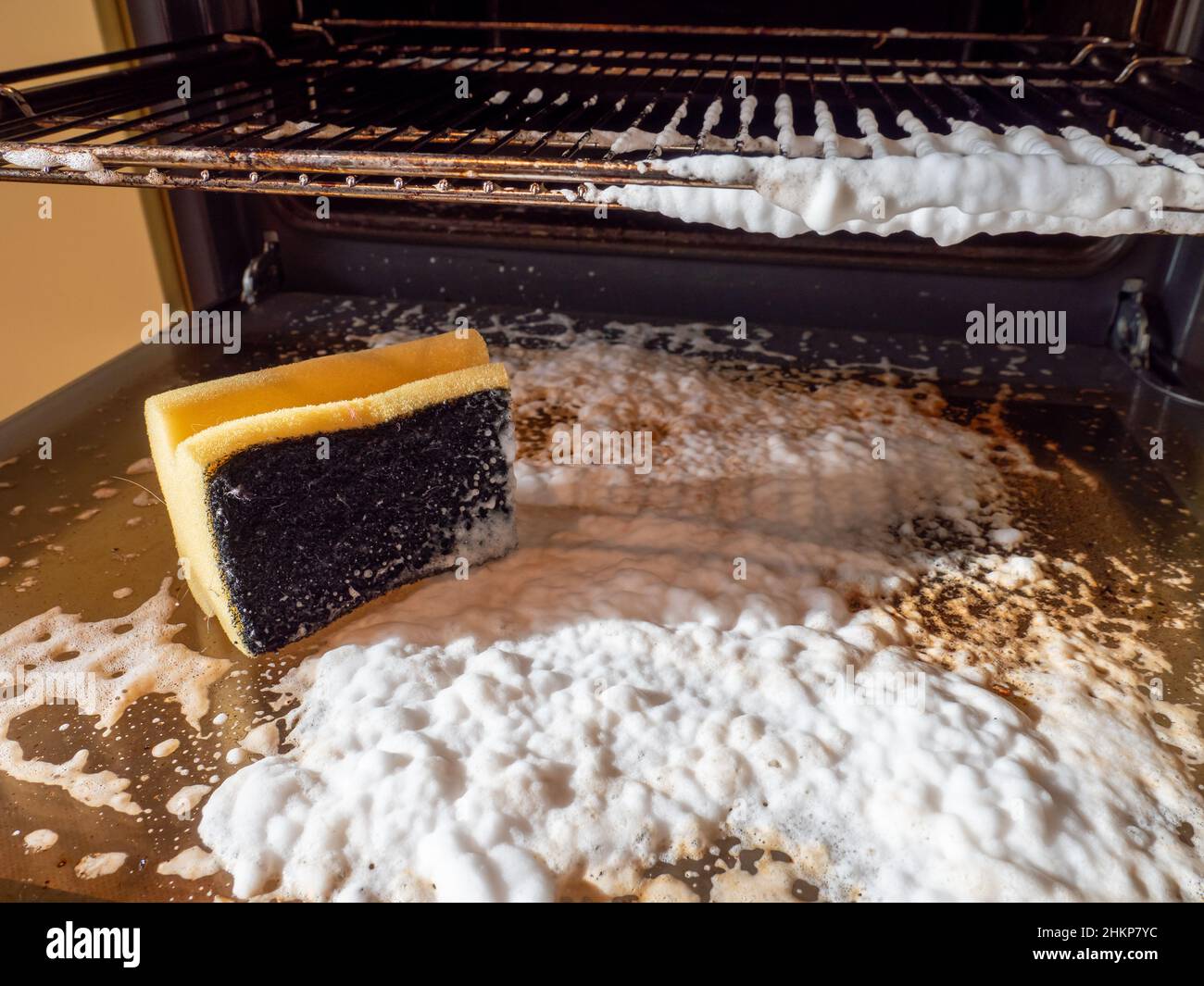 Oven cleaning with sponge and detergent Stock Photo Alamy