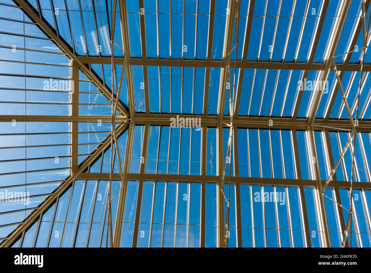 Glass ceiling in greenhouse, Wrest Park, Silsoe, Bedfordshire, England Stock Photo