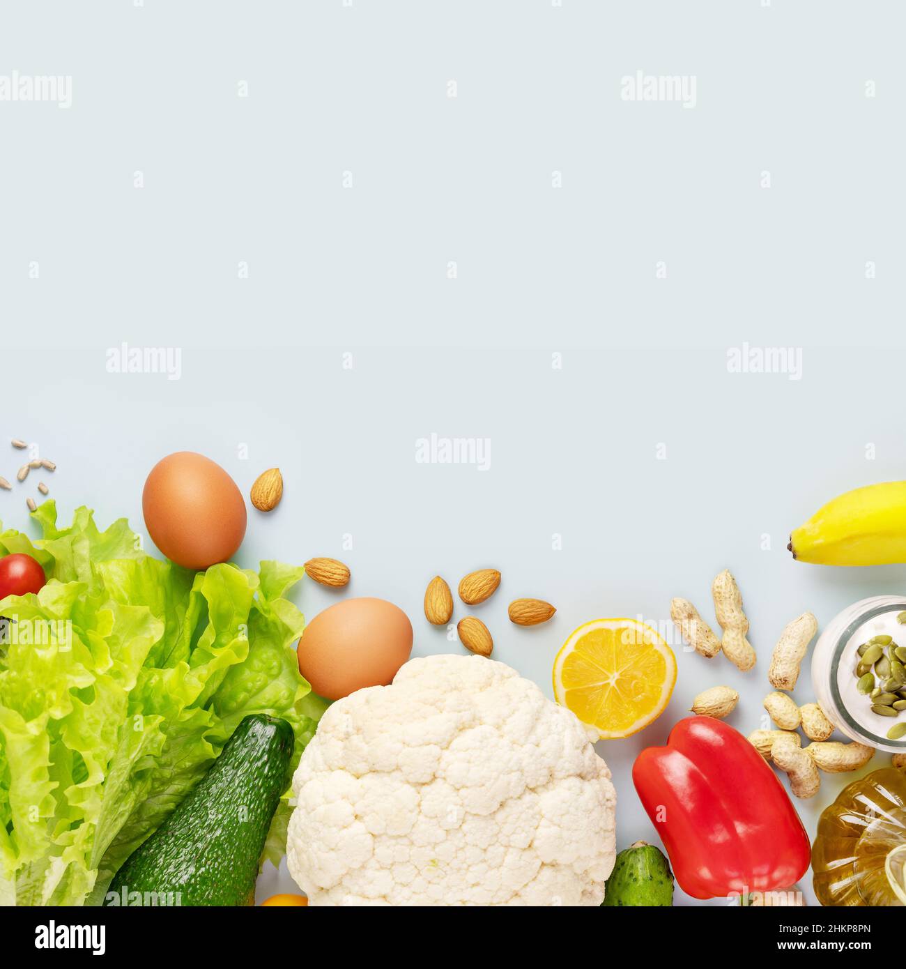 Keto diet composition with organic vegetables and fruits, olive oil