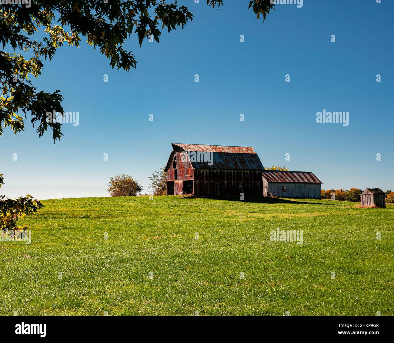 Old farm buildings in green field. Stock Photo