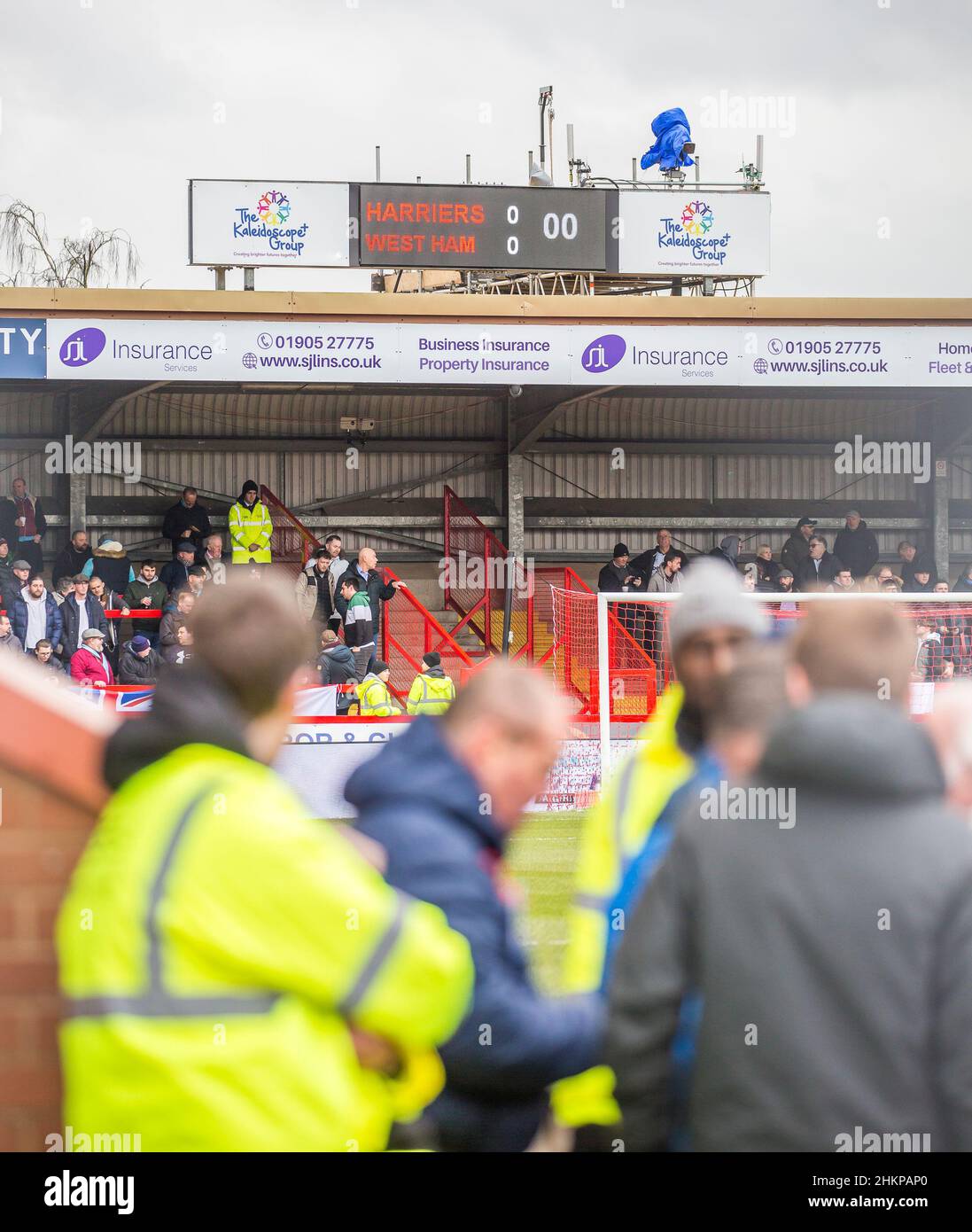 Kidderminster, UK. 5th February, 2022.. Giant killers Kidderminster Harriers Football Club take on premier league West Ham United in the FA Cup fourth round at Kidderminster's Aggborough stadium. Excited fans flock to see this momentus game hoping for victory for the Kiddy Harriers team currently the lowest ranked team in the competition.  Credit: Lee Hudson/Alamy Live News Stock Photo