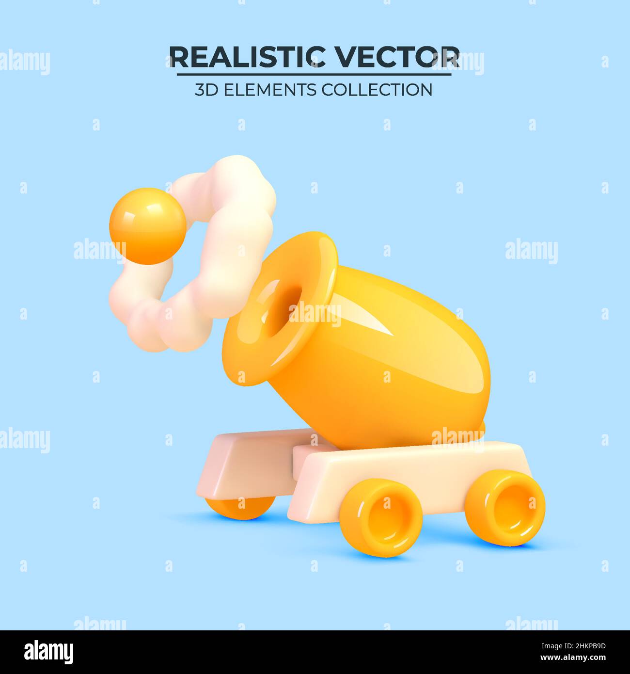 3D Yellow Cartoon Canon gun on blue background. Realistic 3d design. Trendy yellow and blue colors. Design in cartoon style. Vector illustration Stock Vector