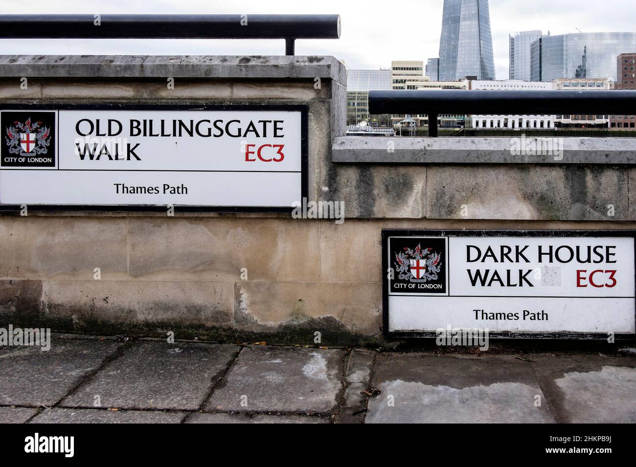 Street signs of historic London along River Thames Path, London, UK. Stock Photo