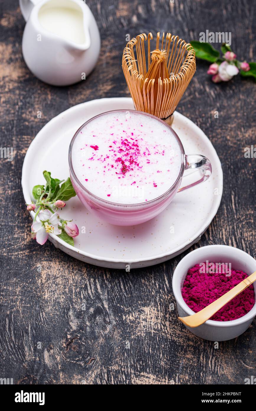 Pink matcha latte with milk Stock Photo Alamy