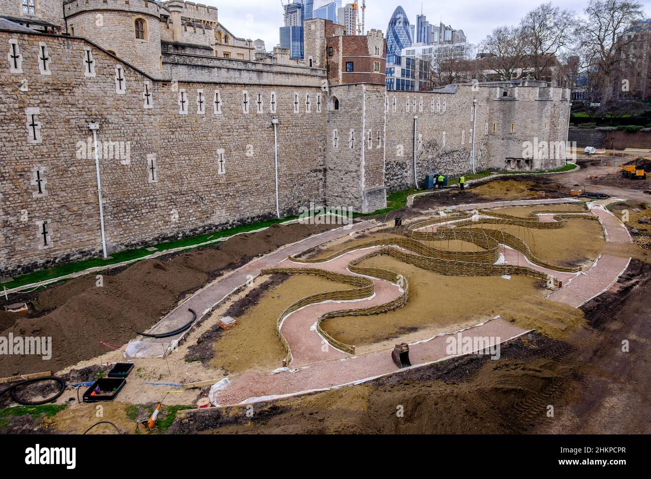 The Tower of London moat being landscaped for Superbloom. (images