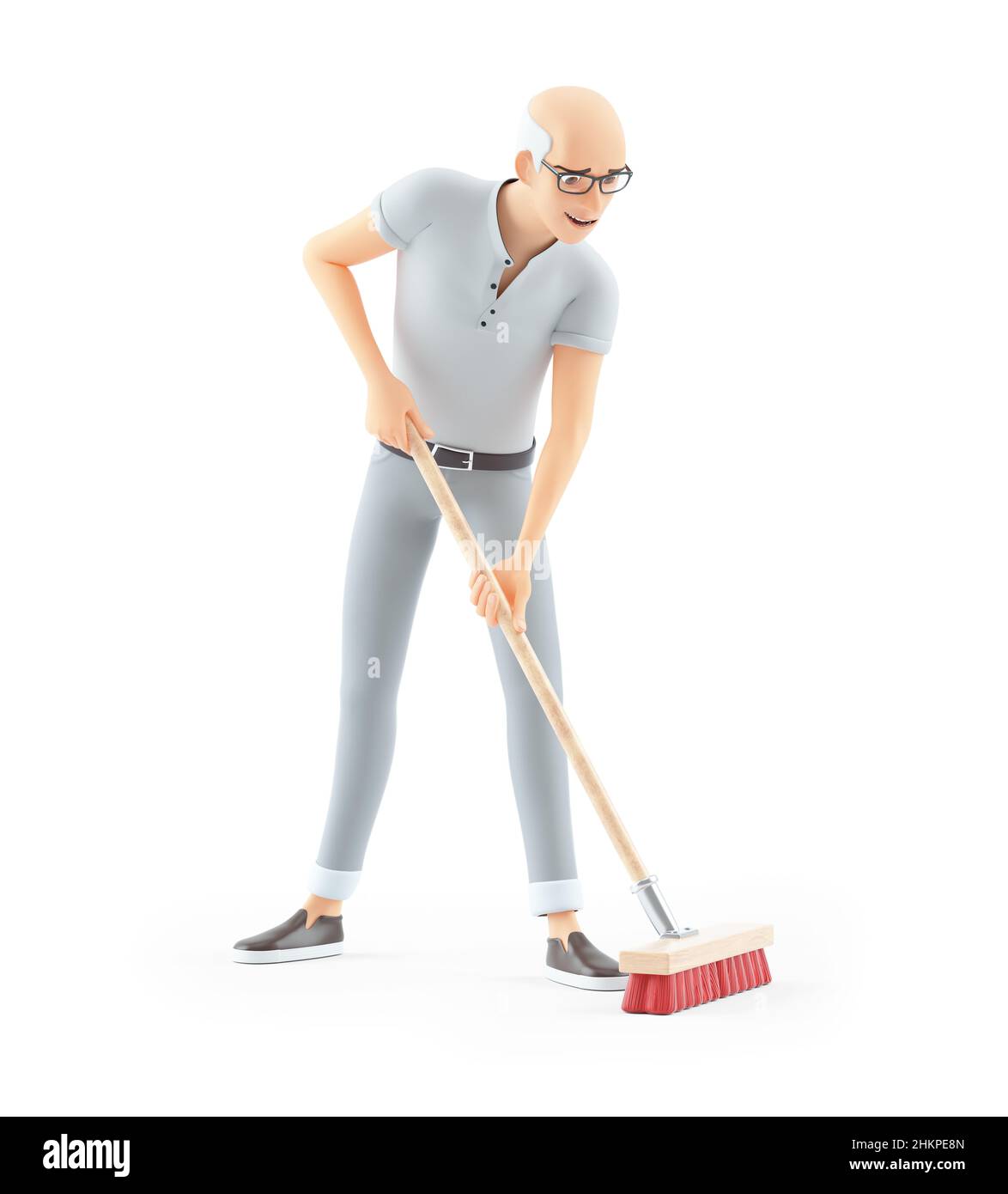 3d senior man pushing a broom, illustration isolated on white background Stock Photo