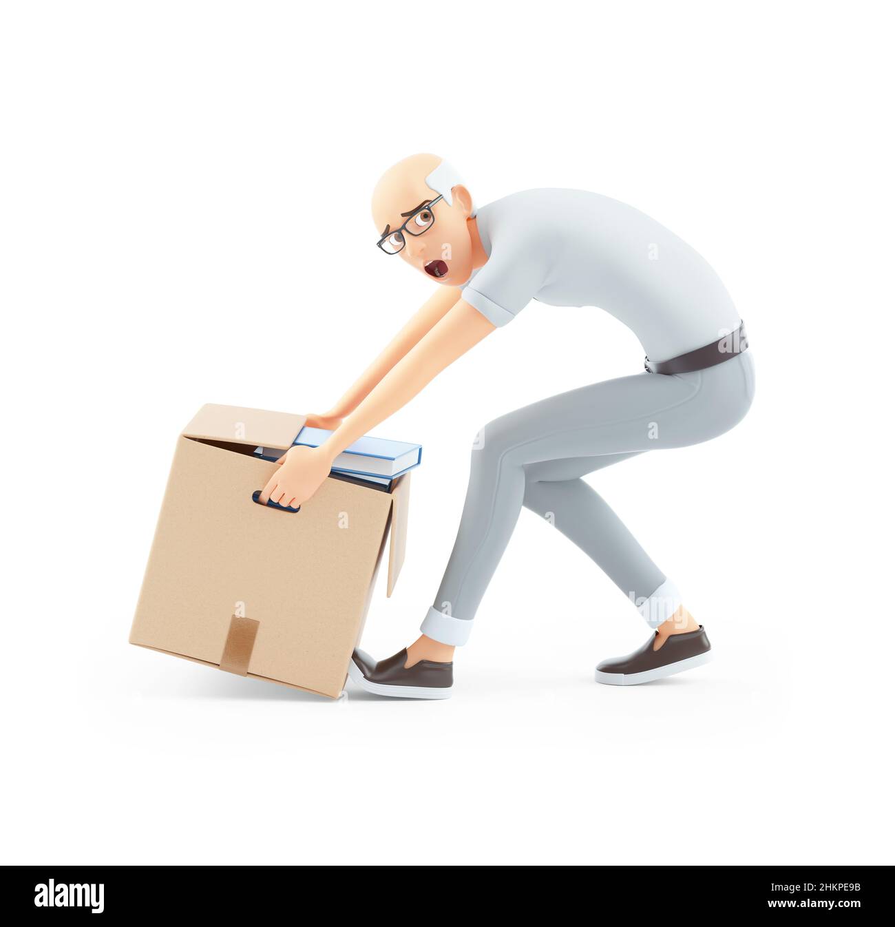 3d senior man lifting heavy box, illustration isolated on white background Stock Photo
