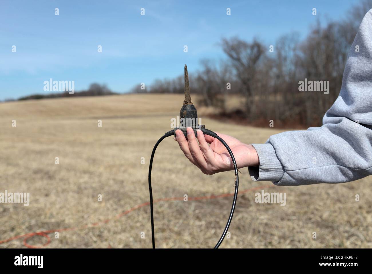 Explorer holds Sensor Geophones for oil exploration, USA, Ohio Stock Photo
