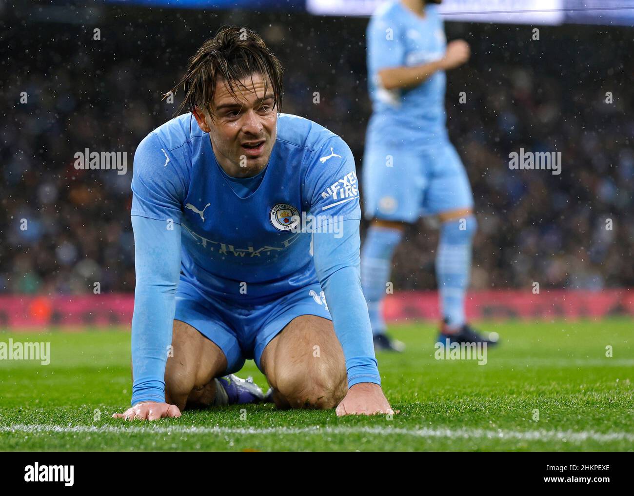 Soccer Football - FA Cup - Fourth Round - Manchester City v Fulham - Etihad Stadium, Manchester, Britain - February 5, 2022 Manchester City's Jack Grealish reacts Action Images via Reuters/Jason Cairnduff Stock Photo