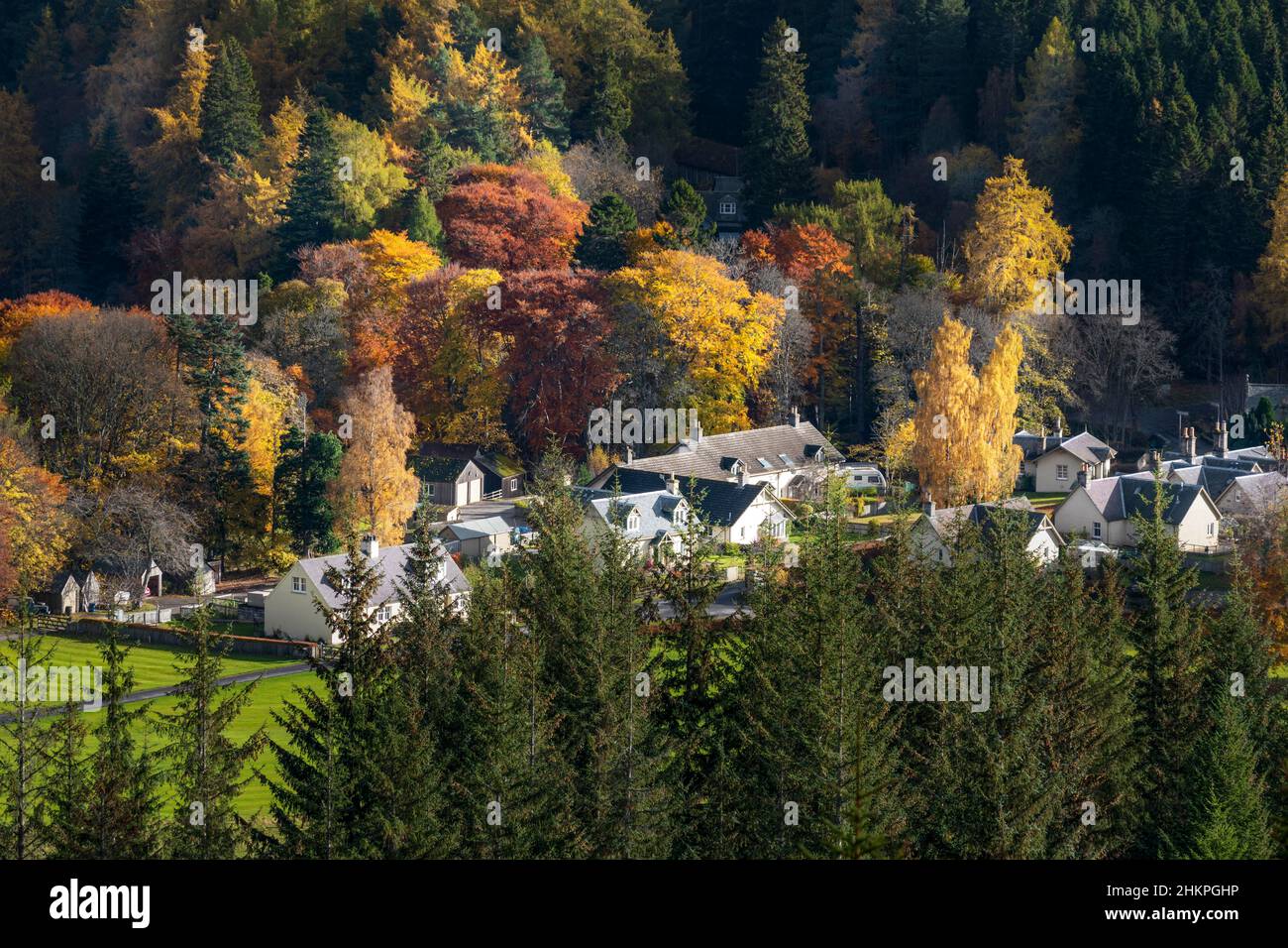 BALMORAL ROYAL DEESIDE SCOTLAND AUTUMN SCENE VIEW OF ESTATE HOUSES AND