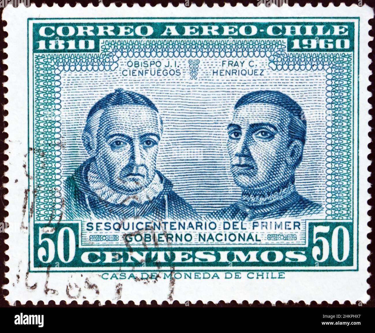 CHILE - CIRCA 1965: a stamp printed in Chile shows Archbishop J. I. Cienfuegos and Brother Camilo Henriquez, 150th anniversary of the formation of the Stock Photo