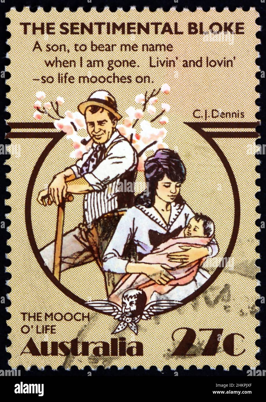 AUSTRALIA - CIRCA 1983: a stamp printed in Australia shows The Mooch of Life, Folktale Scene from The Sentimental Bloke by C. J. Dennis, circa 1983 Stock Photo