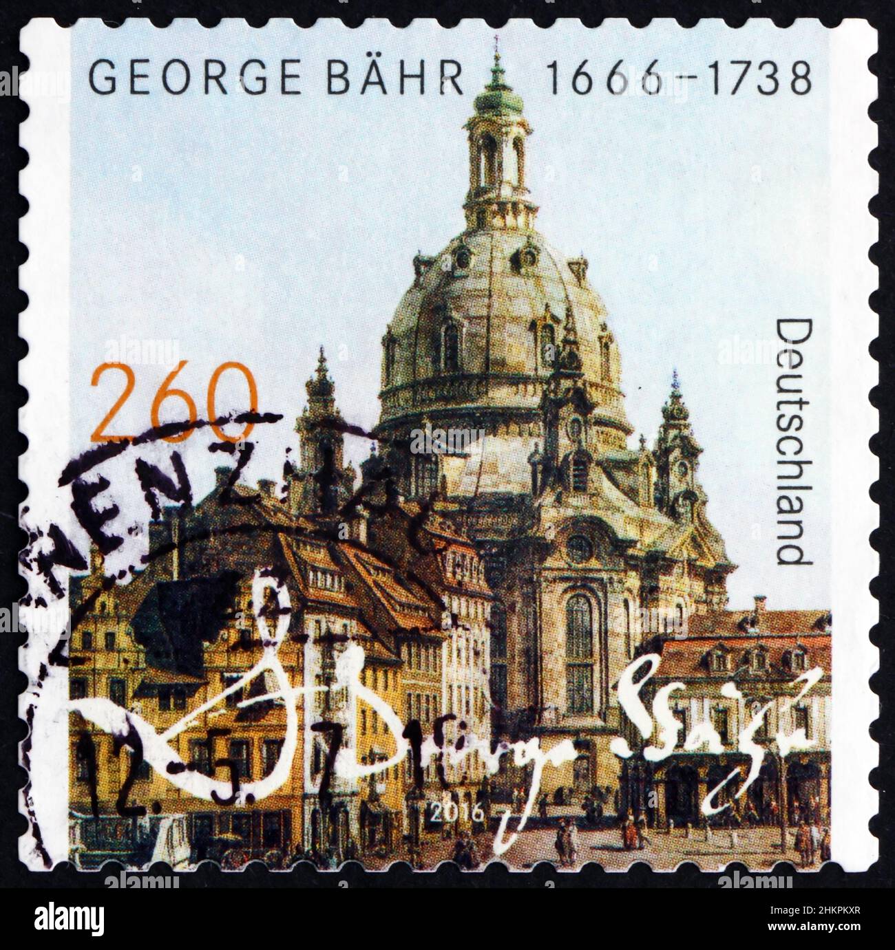 GERMANY - CIRCA 2016: a stamp printed in Germany shows Dresden Frauenkirche, 350th birth anniversary of George Bahr (1666-1738), German architect, cir Stock Photo