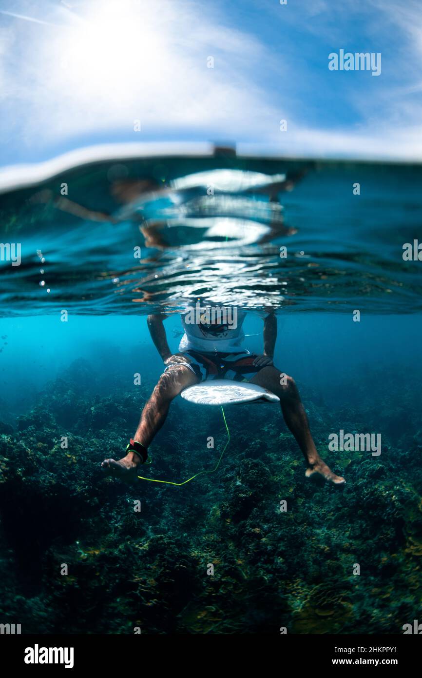 Underwater view of surfer sitting on surfboard in clear sea Stock Photo