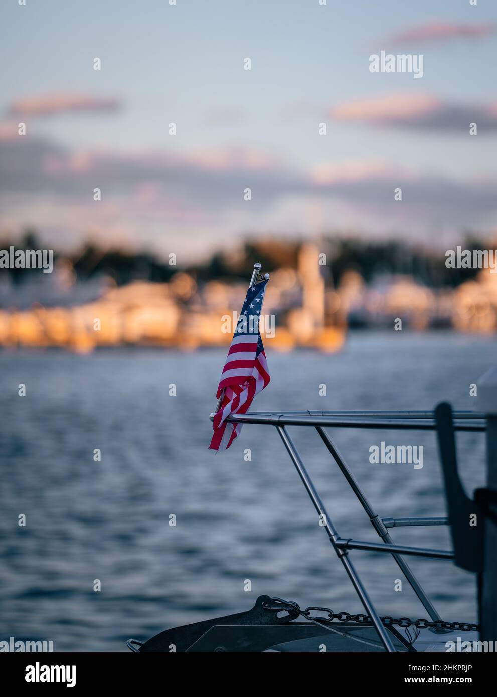 boat on the sea flag United States American symbol Stock Photo