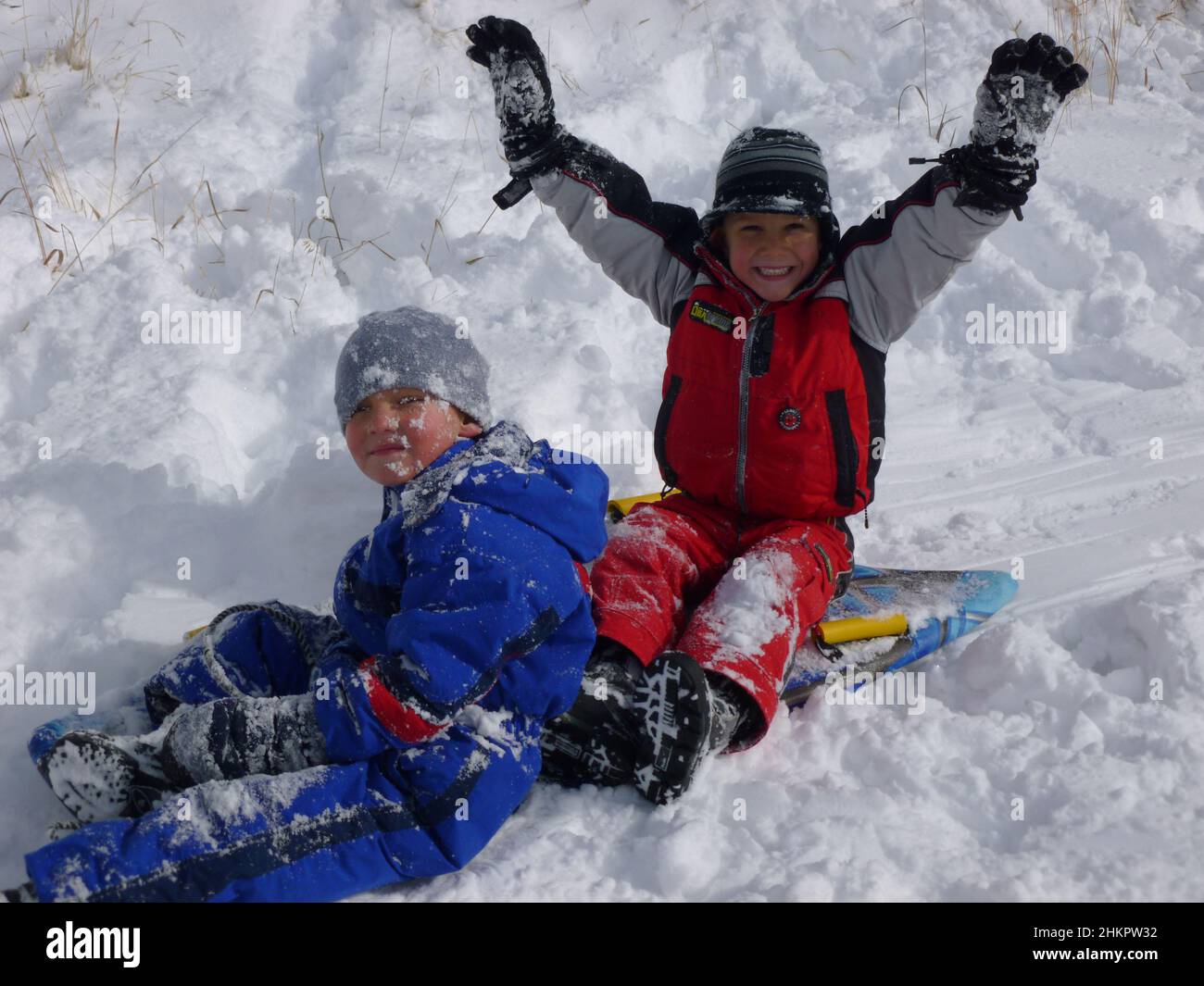 Two boys sledding in newly fallen snow.  One boy is delighted, the other not so much.  This picture exhibits 'victory and defeat'. Stock Photo
