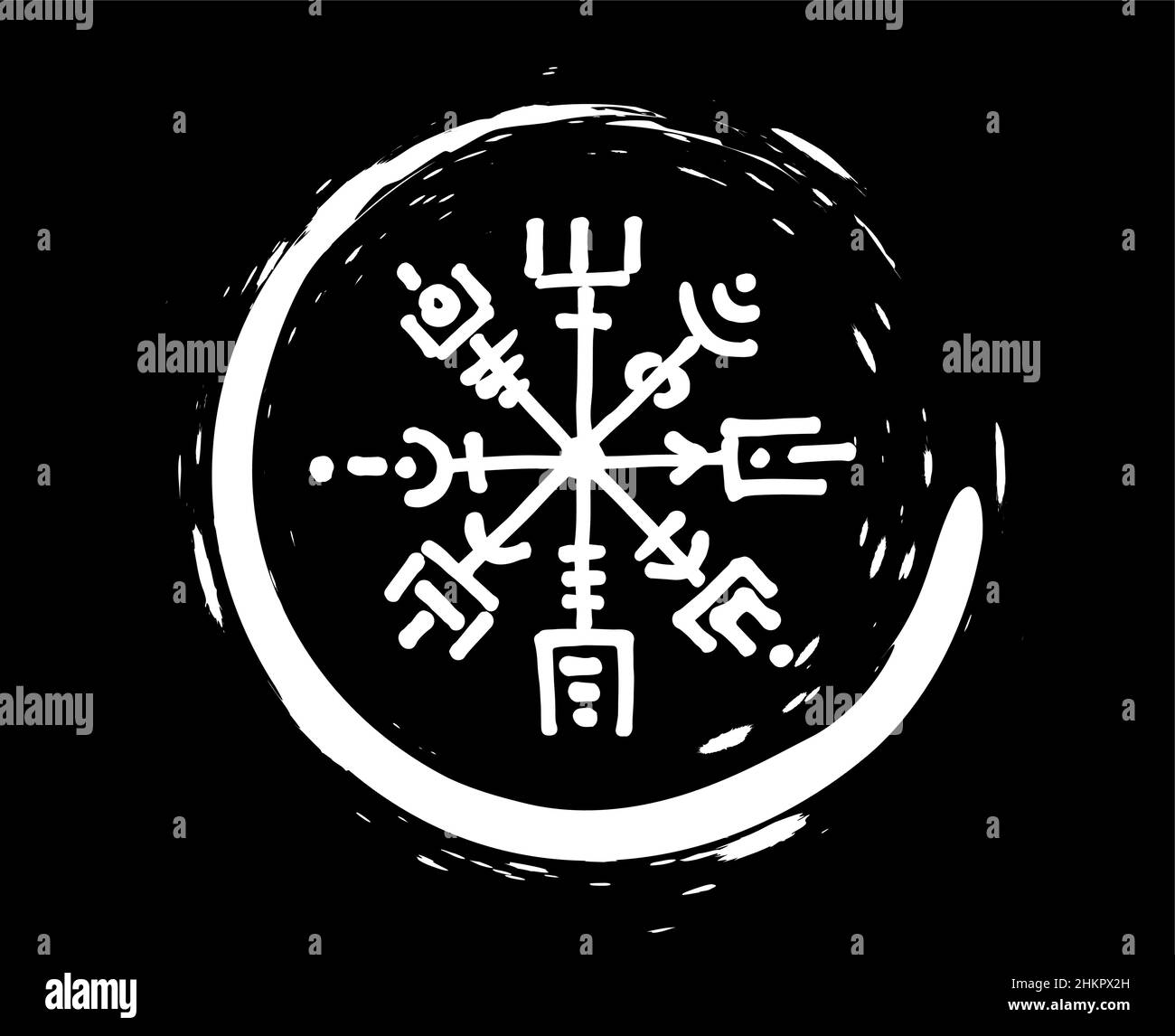 Vegvisir runic compass white pencil drawing style, Hand drawing of Viking symbols, Sacred Norse, round tattoo logo, grunge runic magic symbols, vector Stock Vector