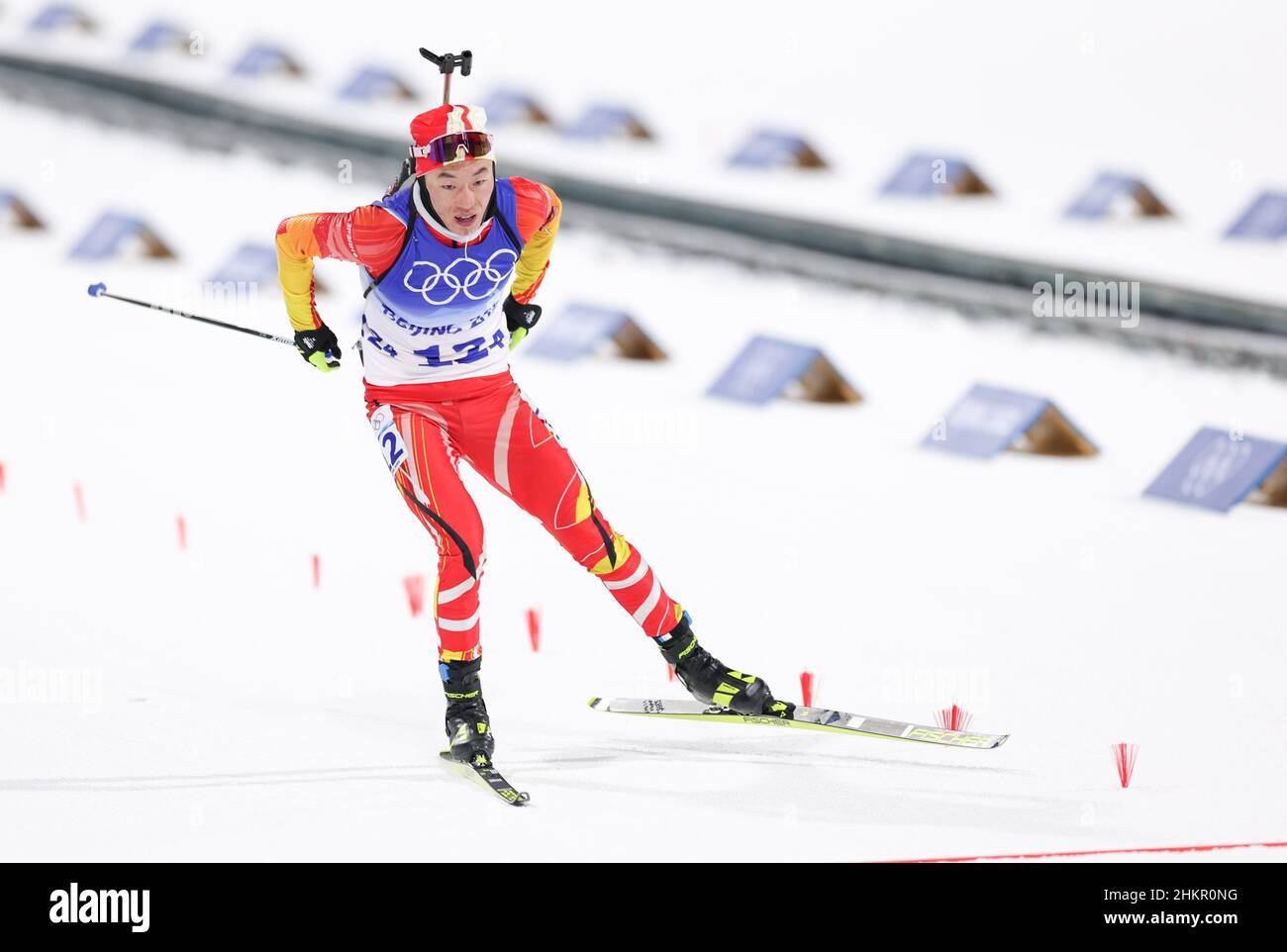 Zhangjiakou, China's Hebei Province. 5th Feb, 2022. Cheng Fangming of China competes during biathlon mixed relay 4x6km (w m) at National Biathlon Centre in Zhangjiakou, north China's Hebei Province, Feb. 5, 2022. Credit: Ding Ting/Xinhua/Alamy Live News Stock Photo