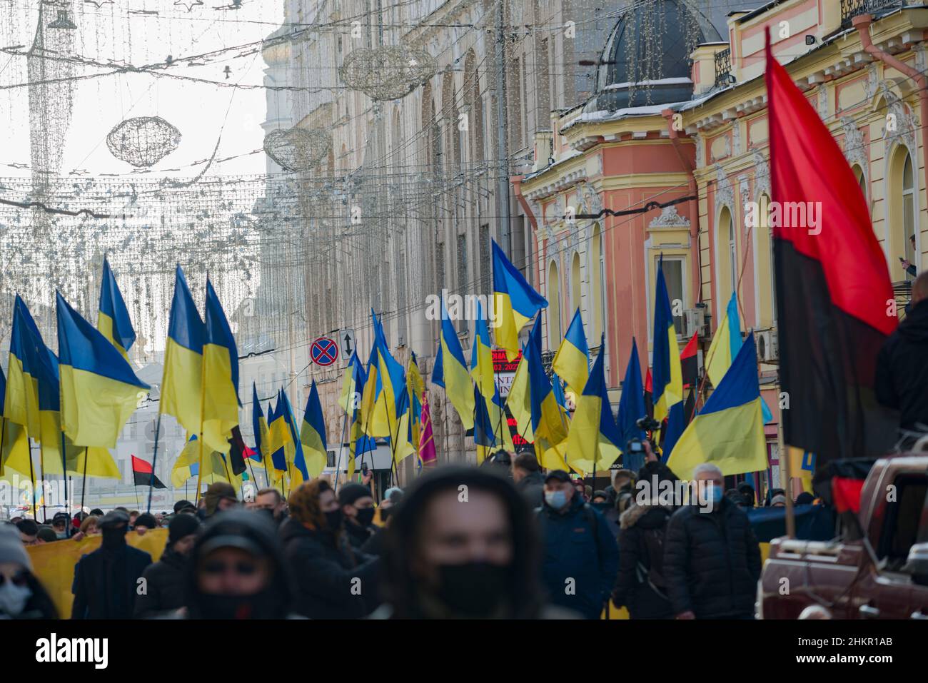 Manifestation of the unity of Ukraine, in face of troops concentration for  military aggression of Russia. Kharkiv, Ukraine Stock Photo