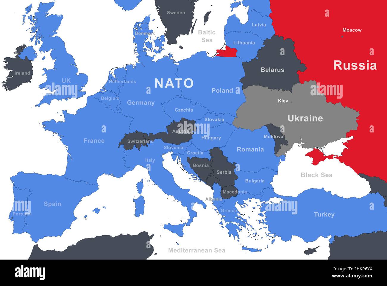 Russia, NATO and Ukraine on Europe outline map. Russian border on military-political map with Belarus, Poland, Germany, Turkey and other countries. Ba Stock Photo
