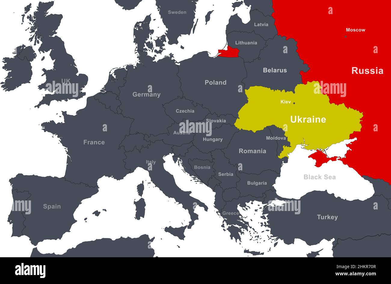 Russia and Ukraine on Europe outline map. Ukraine territory and Russian border on political map with Belarus, Poland and other countries. Black Sea wi Stock Photo