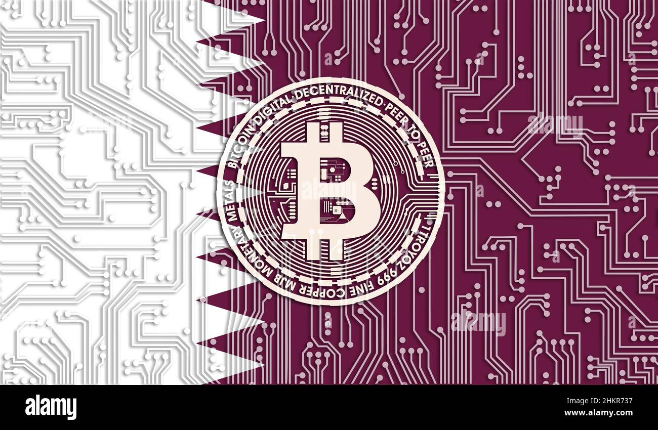 flag of Qatar and bitcoin, Integrated Circuit Board pattern. Bitcoin Stock  Growth. Conceptual image for investors in cryptocurrency and Blockchain Tec  Stock Photo - Alamy