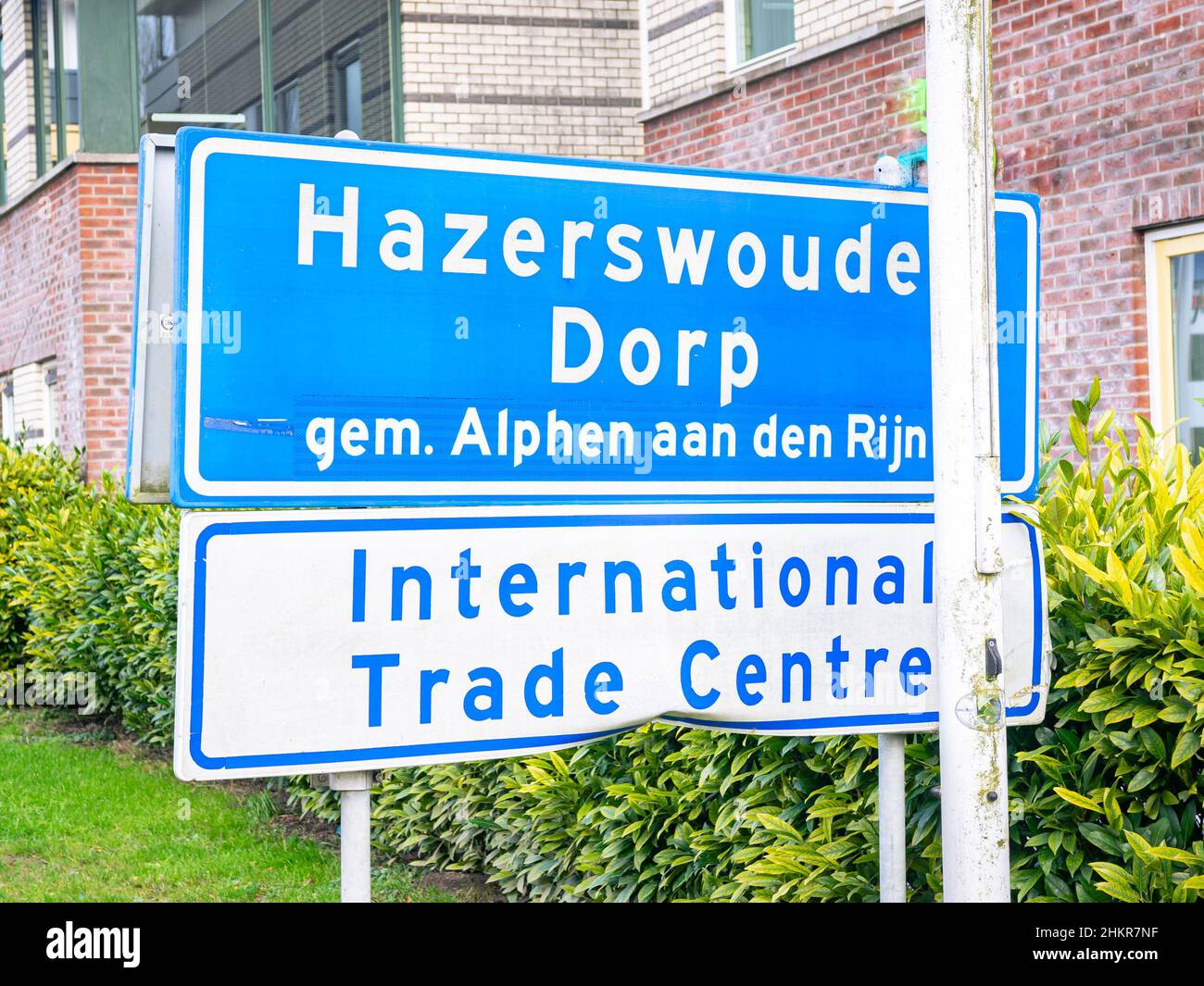 Place name sign of Hazerswoude-dorp, municipality of Alphen aan den Rijn in The Netherlands. Stock Photo