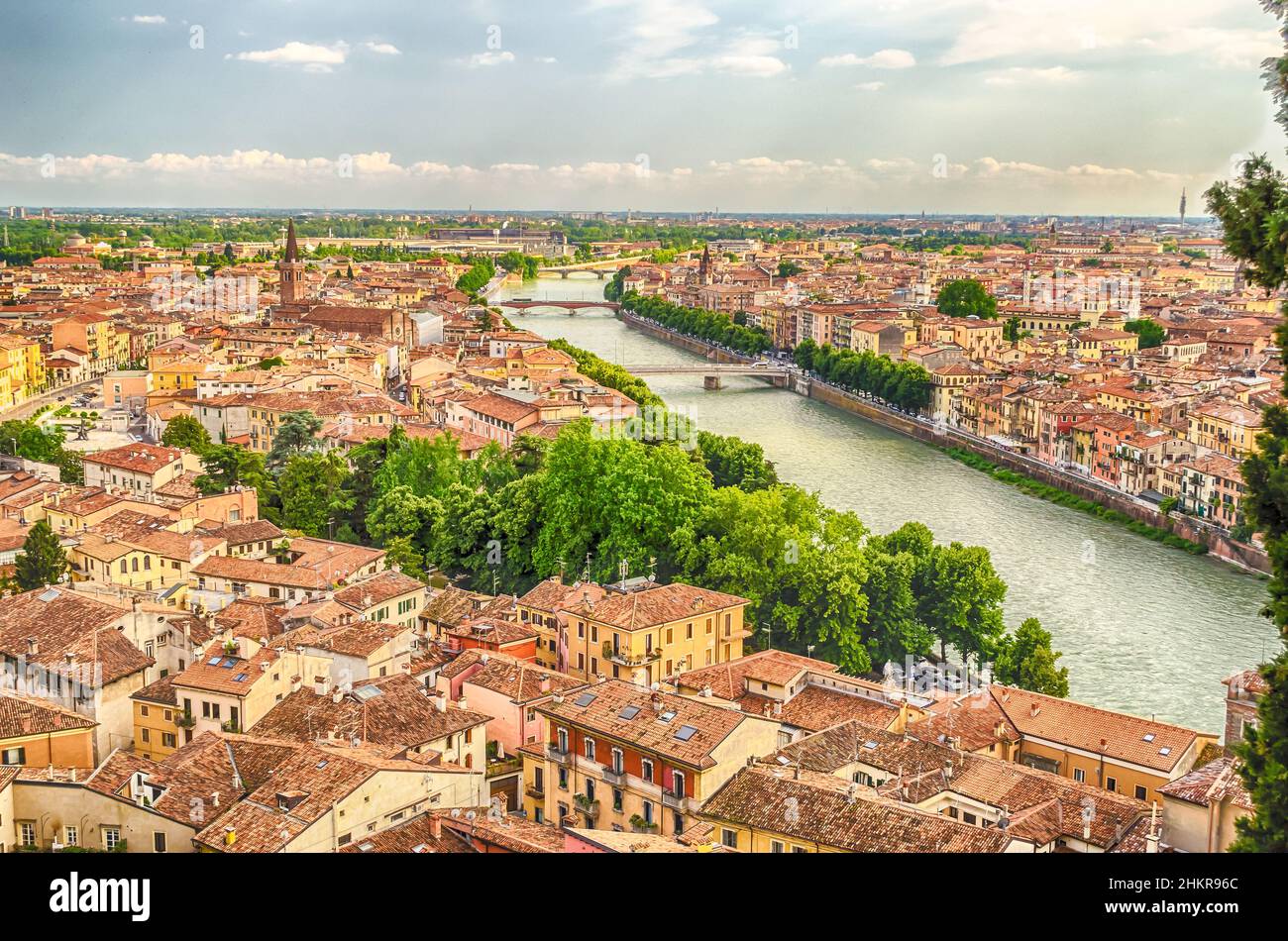 Panoramic aerial view over central Verona and the Adige River, Italy ...