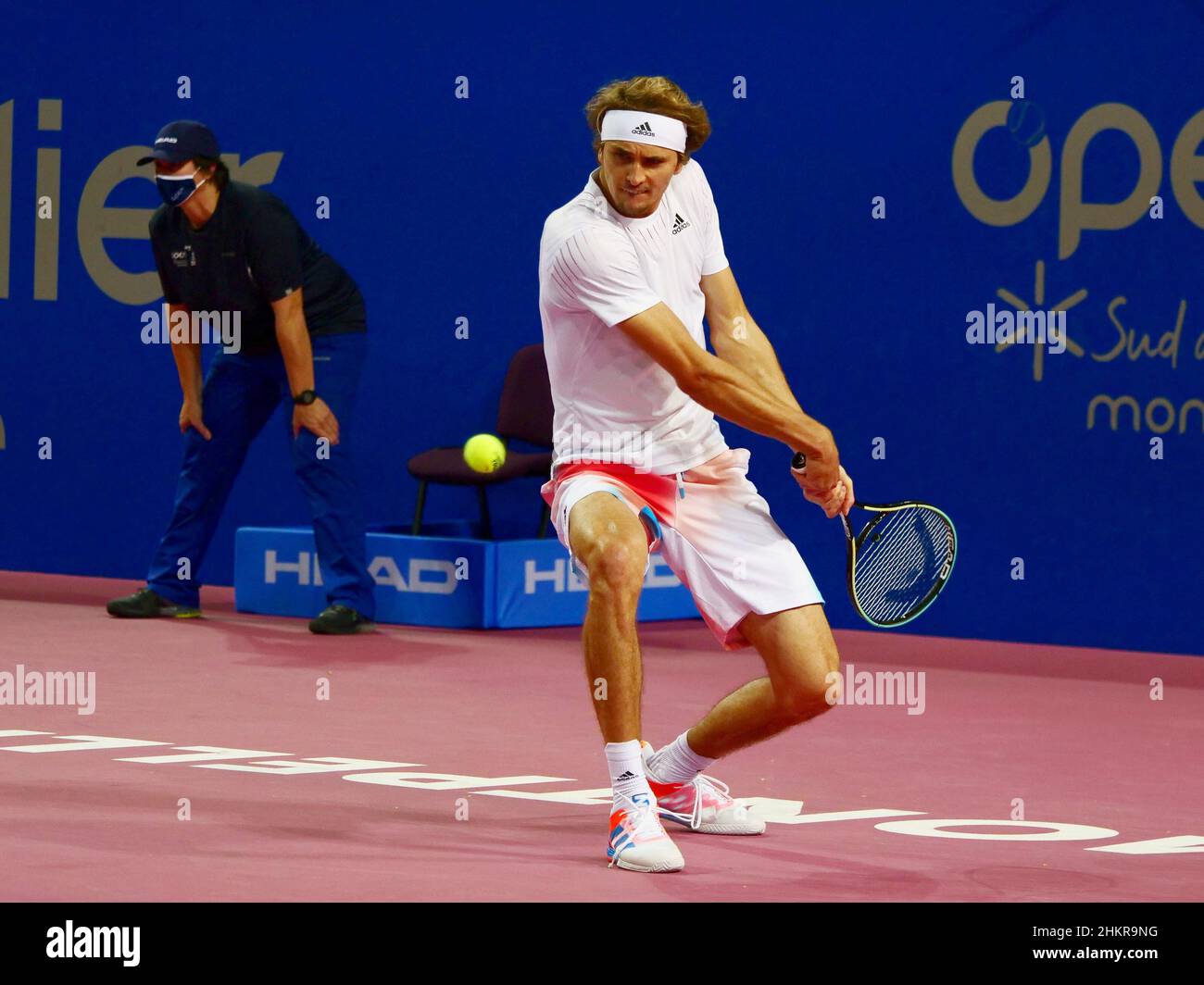 Alexander Zverev of Germany in action against Mikael Ymer of Sweden during the semi-finals at the Open Sud de France 2022, ATP 250 tennis tournament on February 5, 2022 at Sud de