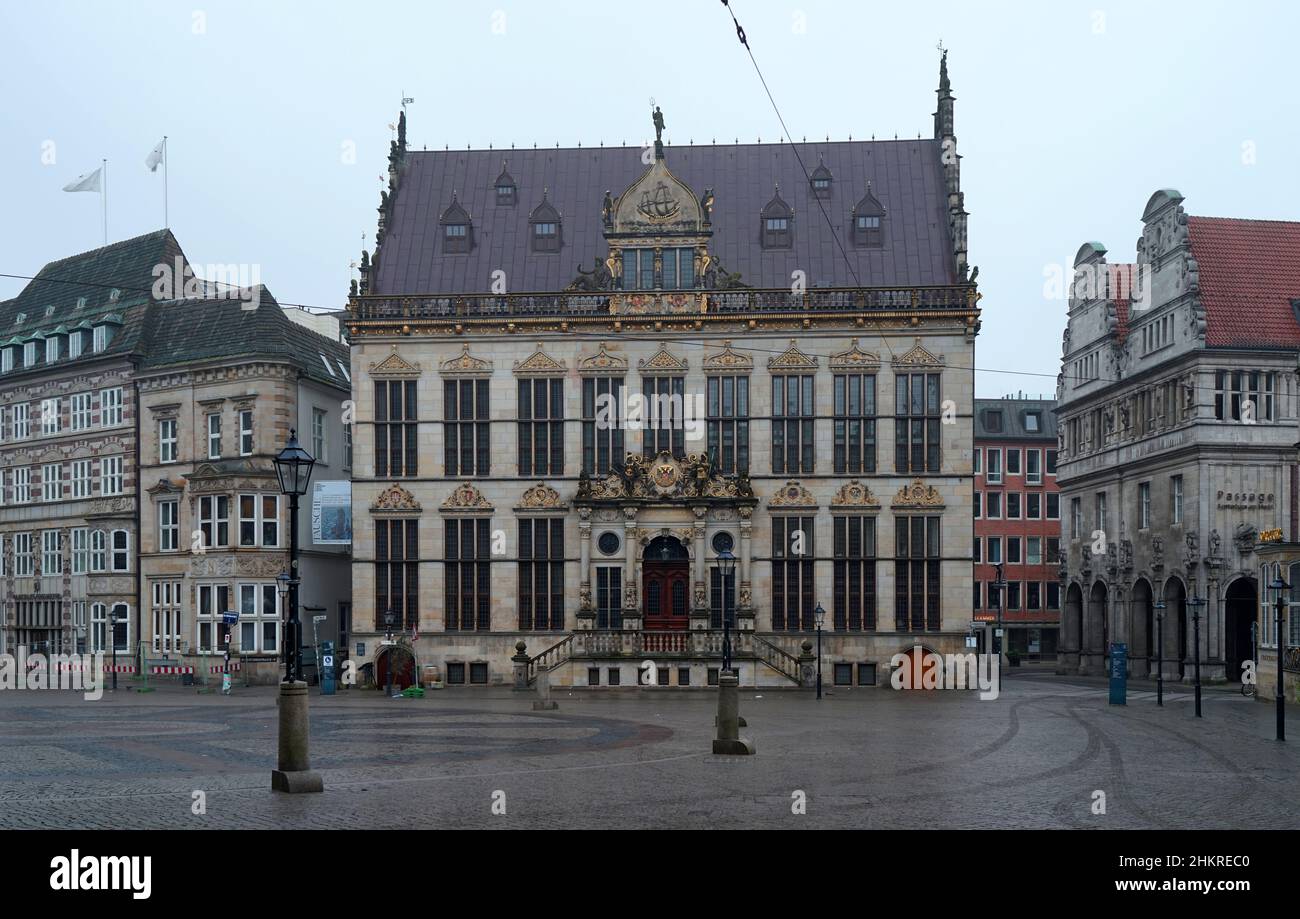 Bremen, Germany - Jan 16 2022 - Haus Schütting, situated on the Marktplatz (market square) in Bremen, initially served as a guild house Stock Photo