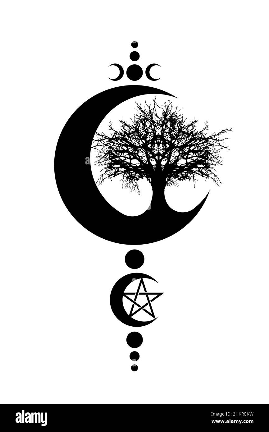 Mystical Moon, tree of life and Wicca pentacle. Sacred geometry. Logo, Crescent moon, half moon pagan Wiccan triple goddess symbol, energy circle Stock Vector