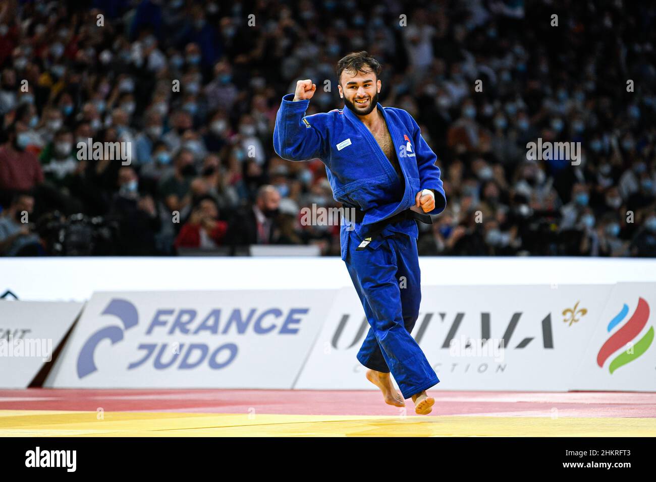 Men's -60 kg, Luka Mkheidze of France (bronze medal) competes and celebrates his victory during the Paris Grand Slam 2022, IJF World Judo Tour on February 5, 2022 at Accor Arena in Paris, France - Photo Victor Joly / DPPI Stock Photo