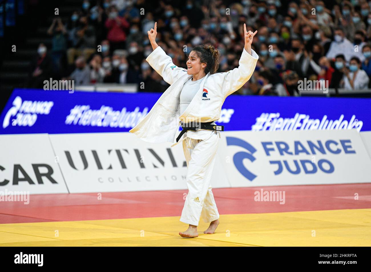 Women's -48 kg, Blandine Pont of France (bronze medal) celebrates her victory during the Paris Grand Slam 2022, IJF World Judo Tour on February 5, 2022 at Accor Arena in Paris, France - Photo Victor Joly / DPPI Stock Photo