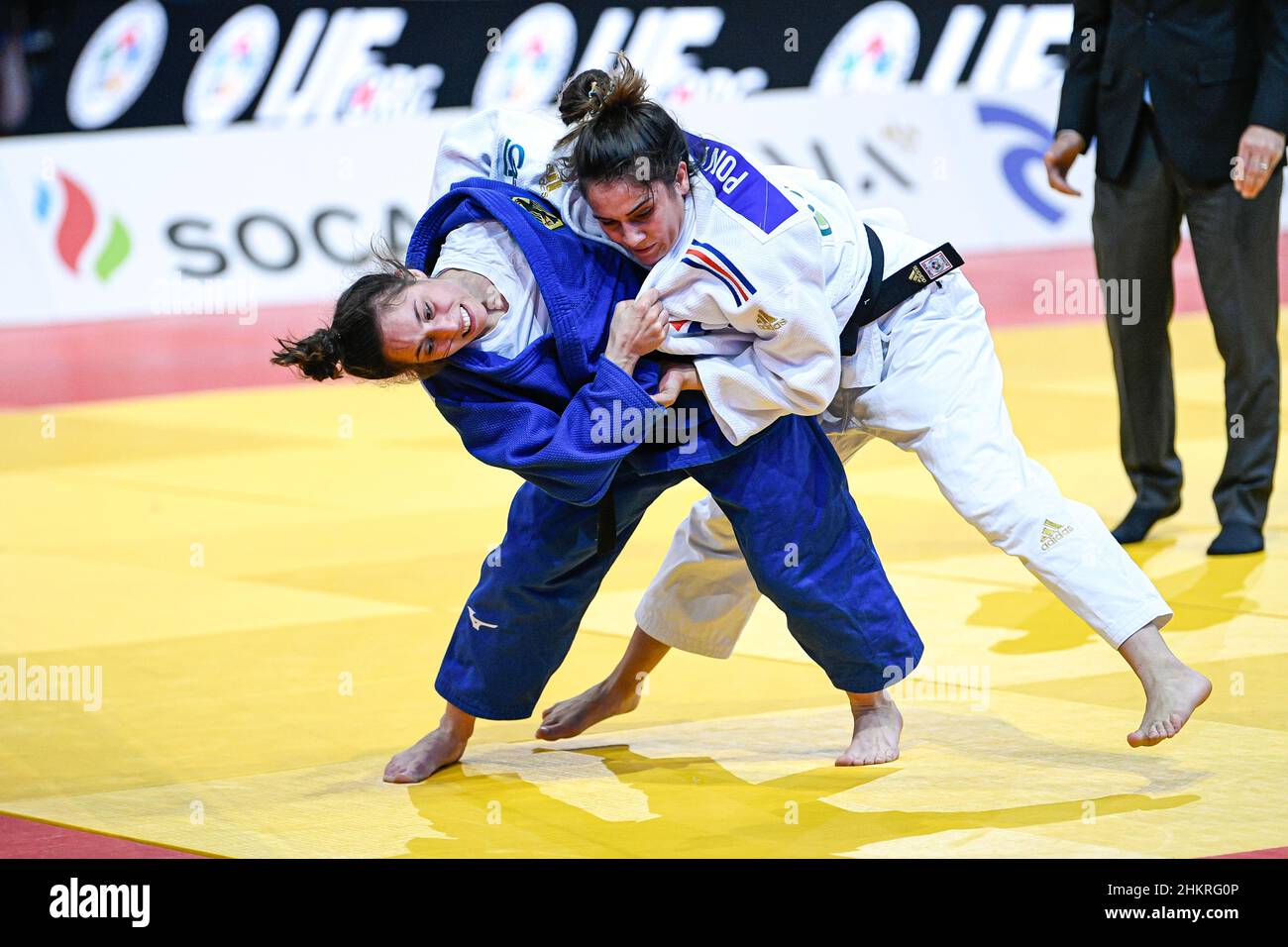 Women's -48 kg, Blandine Pont of France (white) and Katharina Menz of Germany (blue) during the bronze medal contest of the Paris Grand Slam 2022, IJF World Judo Tour on February 5, 2022 at Accor Arena in Paris, France - Photo Victor Joly / DPPI Stock Photo