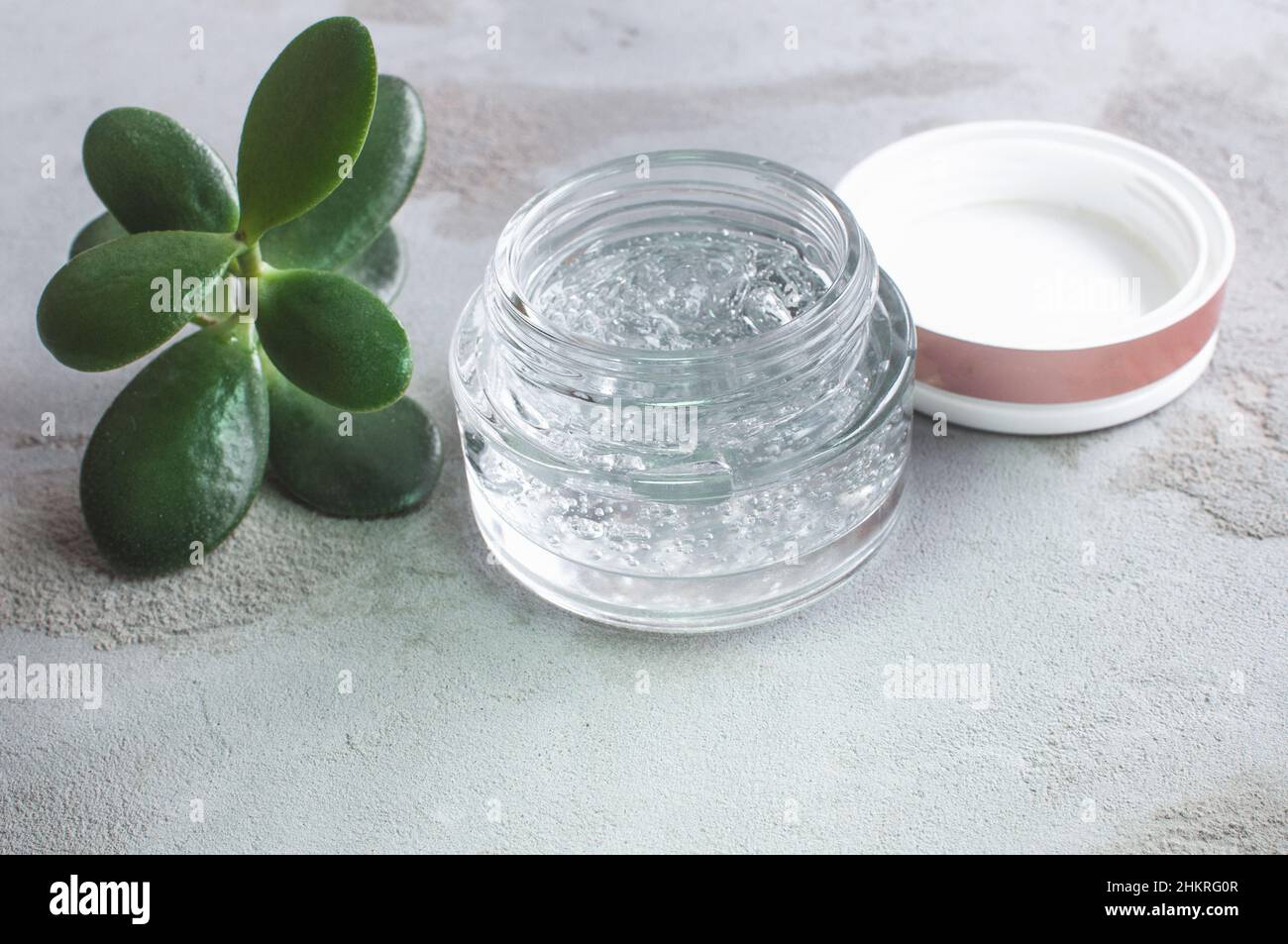 Gel texture with bubbles hyaluronic acid and aloe vera branches in a glass jar on a concrete background Stock Photo