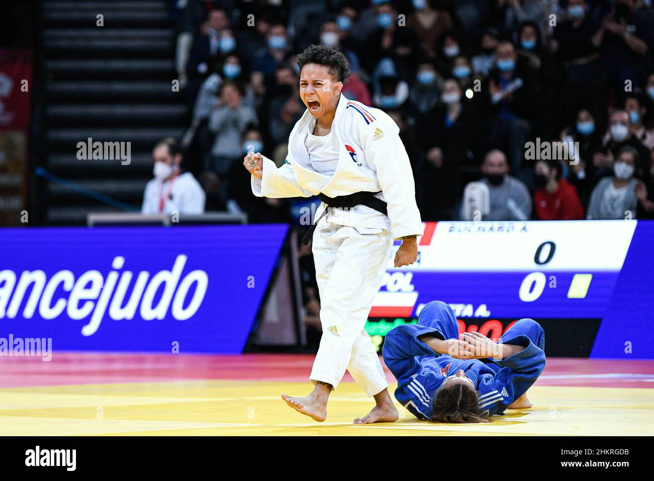 Women's -52 kg, Amandine Buchard of France celebrates her victory during the Paris Grand Slam 2022, IJF World Judo Tour on February 5, 2022 at Accor Arena in Paris, France - Photo Victor Joly / DPPI Stock Photo