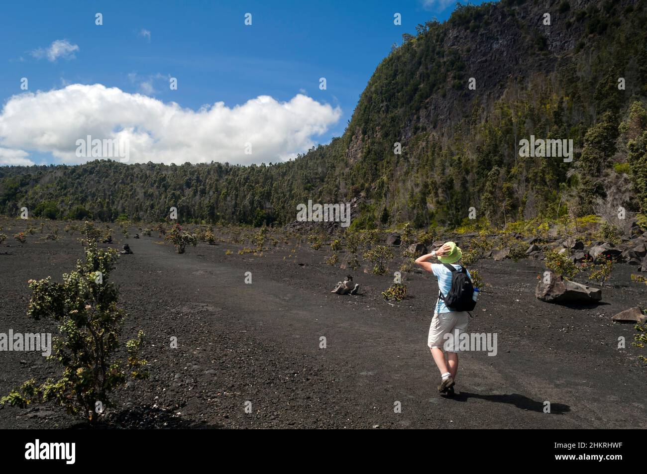 A  hiker walking on a well-trodden path in an extinct lava field, Volcanoes National Park, Big Island, Hawaii, USA. Vast open space. Gentle hike. Easy Stock Photo