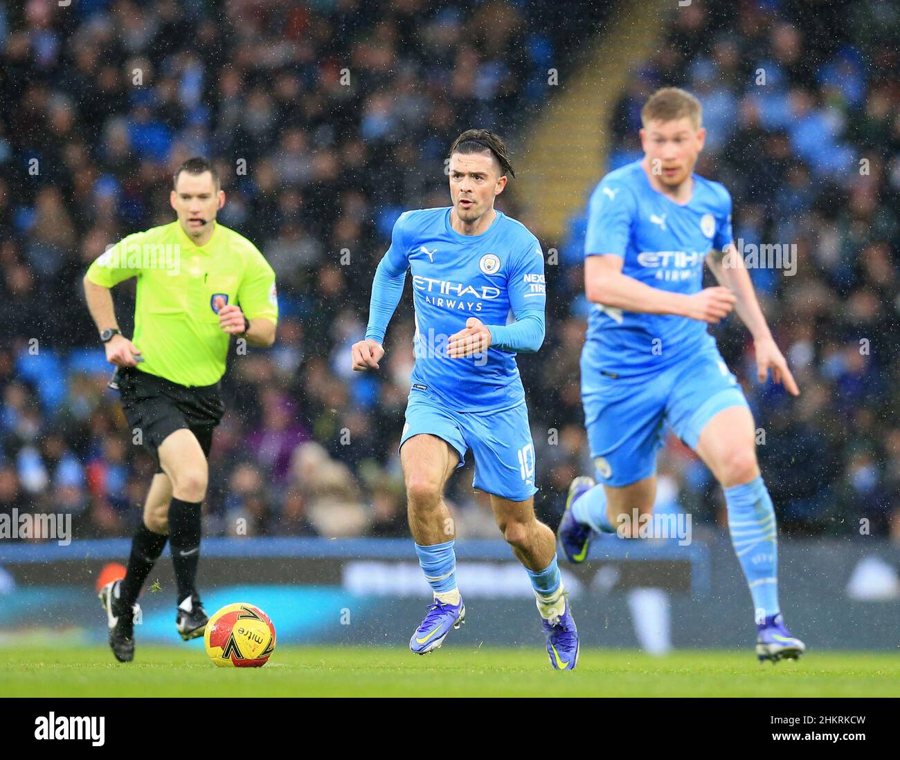 5th February 2022 : City Stadium, Manchester, England; FA Cup football, Manchester City versus Fulham; Jack Grealish of Manchester City runs with the ball Stock Photo