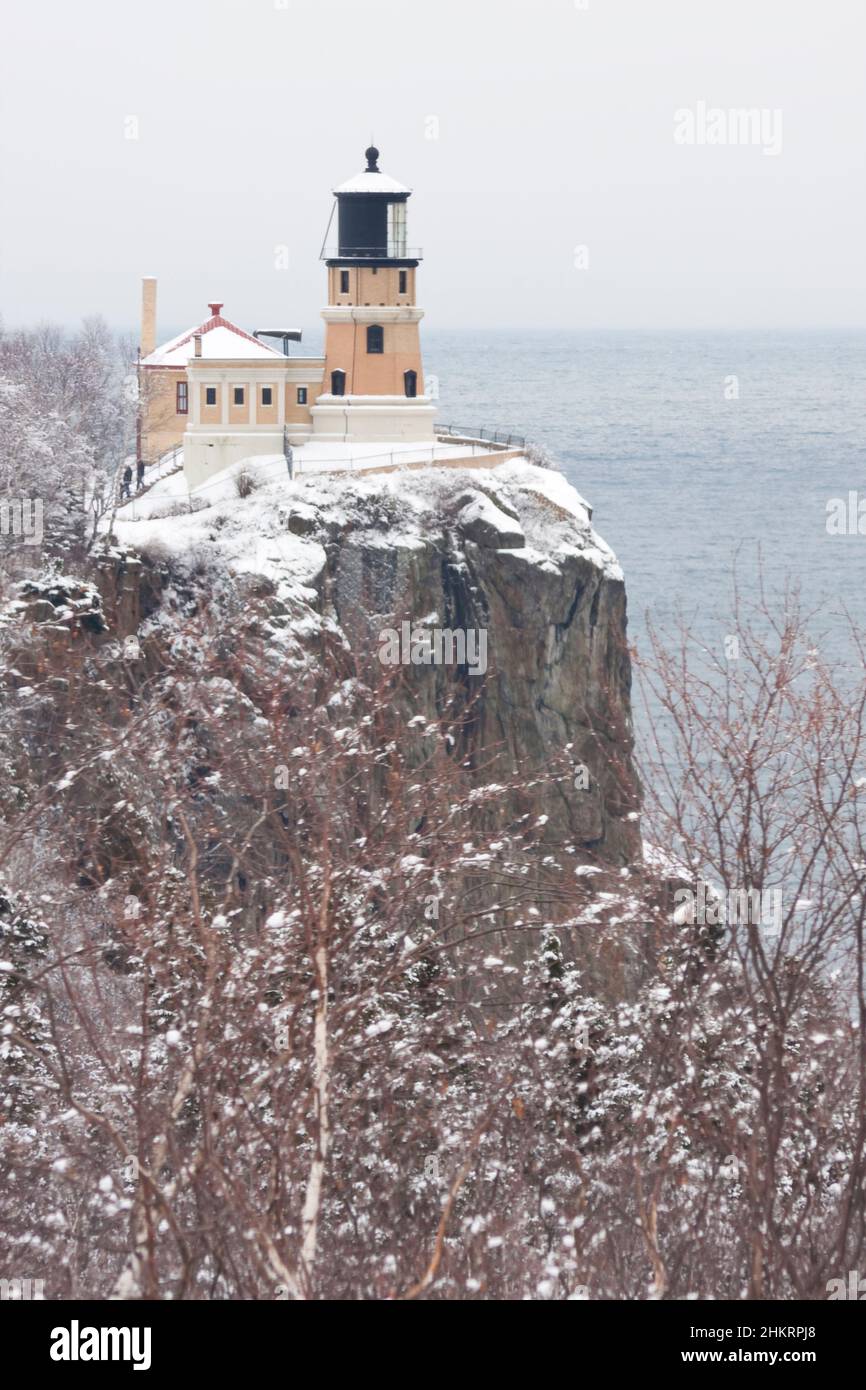 Split Rock Lighthouse Along Lake Superior In Winter Stock Photo