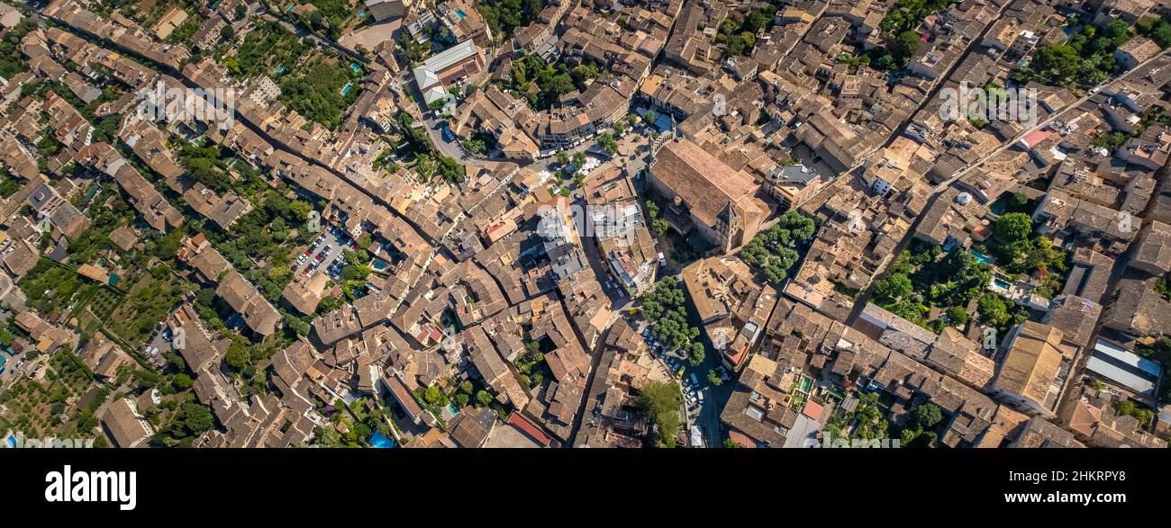 Aerial view, town view with catholic church St. Bartholomew, Església parroquial de Sant Bartomeu de Sóller, Sóller, Europe, Balearic Islands, Spain, Stock Photo